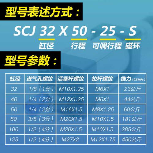 大推力可调行程气缸SCJ32/40/50-100-25/50/100/125/150/200-25S