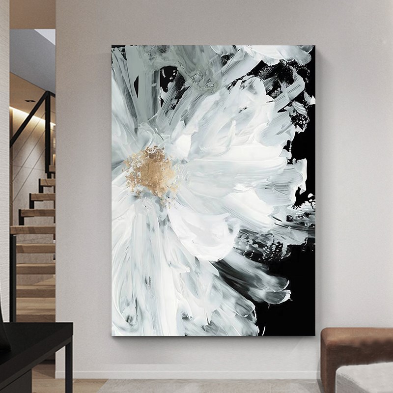 速发otrt手绘油画《百合》黑白餐厅花卉挂画玄关装饰画客厅背景