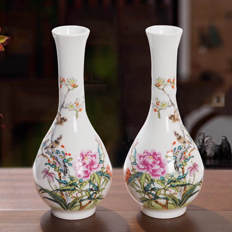 速发中式复居客厅瓷瓶景德镇陶花器鸟语花香插花桌装面饰酒柜摆件
