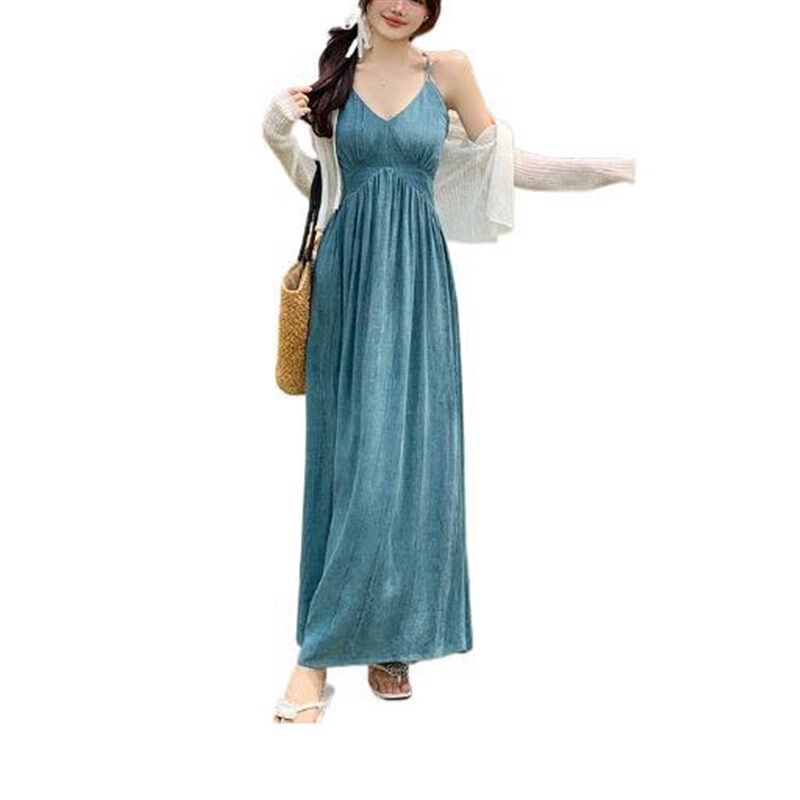 速发吊中连衣裙夏风国季新带式收腰A字长裙抹胸V领裙子