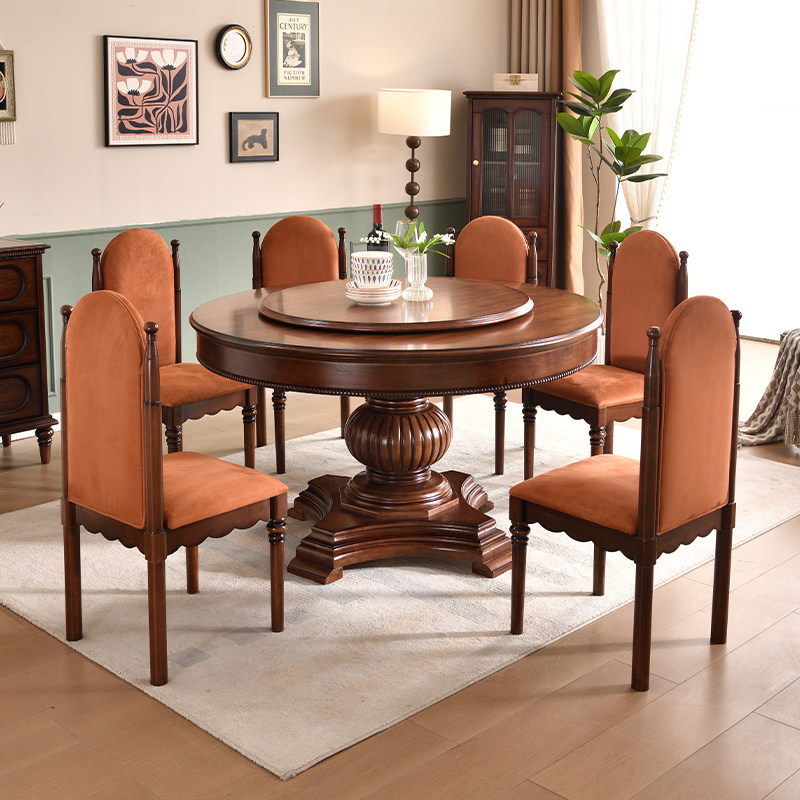 速发桃式实木餐桌圆形带转盘胡美木色餐桌椅组合客厅吃户桌小饭型