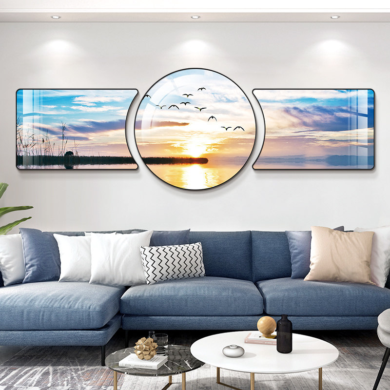 速发高约客厅装饰画海边风景三联沙发背景墙挂画轻奢气档大简壁画
