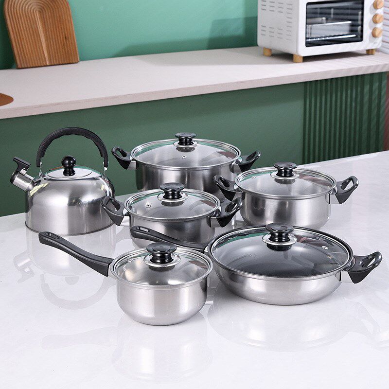 速发跨境货源不锈用礼具12件套奶锅汤锅水壶煎锅组合套装实钢锅品