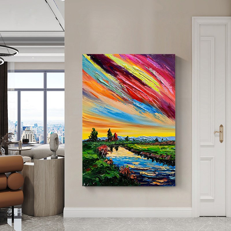 速发otrt手绘油画《极光》玄关挂画客厅背景墙抽象立体装饰画