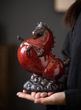 速发【立马成功】中博陶瓷唐厅摆件招财客马玄关式古架办公桌面装