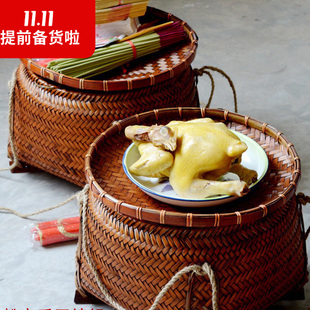 复古竹编箩筐带盖子结婚喜事米箩家用拜神大号竹筐精编老式收纳筐