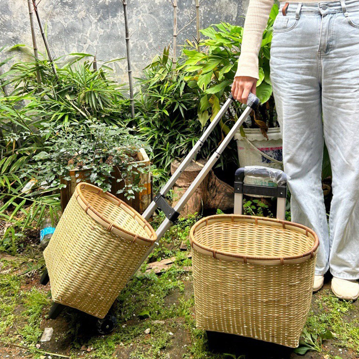 买菜拉杆购物车家用手推竹篮子车手工编织收纳筐收纳篮环保竹制品,特色手工艺,竹编/竹雕,淘宝优惠券,粉丝福利购,淘宝优惠卷