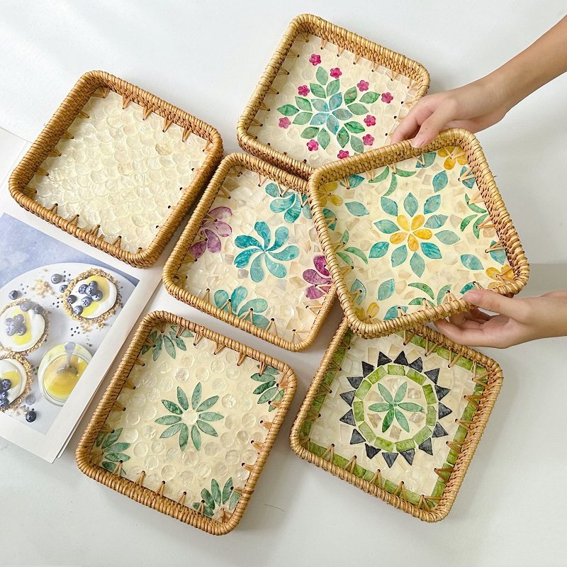 北欧秋藤彩贝壳托盘正方形茶杯盘点心水果盘装饰摆件首饰收纳托盘,餐饮具,餐用托盘,淘宝优惠券,粉丝福利购,淘宝优惠卷