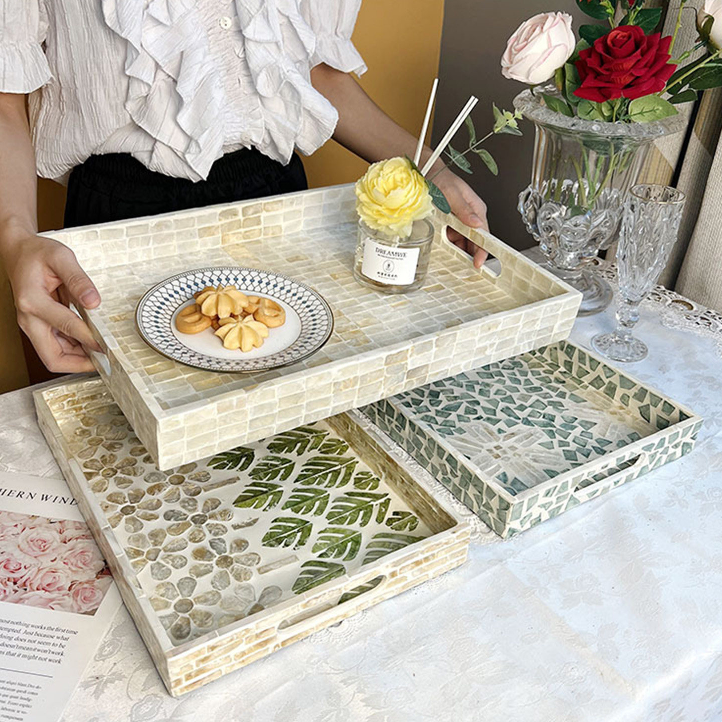 北欧天然全贝壳托盘平拉手长方形茶盘客厅桌面摆件装饰收纳盘摆盘,餐饮具,餐用托盘,淘宝优惠券,粉丝福利购,淘宝优惠卷