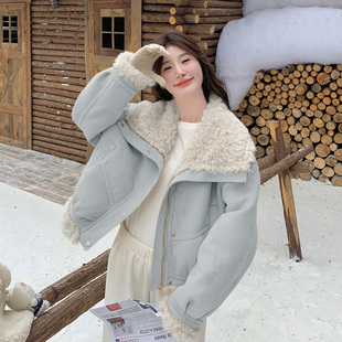 皮毛一体羊羔毛棉衣外套女冬季 大翻领学院风加厚保暖上衣 2025新款
