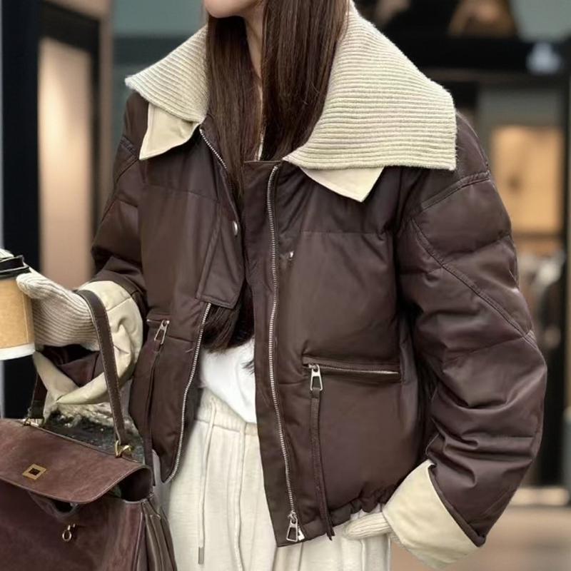 冬季新款针织翻领羽绒棉服女2025短款欧货宽松PU皮质免洗棉衣外套
