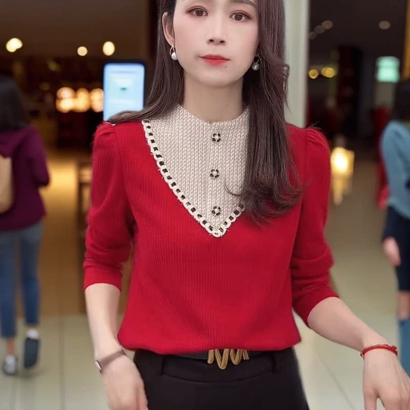 加绒加厚保暖T恤女士2025冬季假两件拼接显瘦打底衫减龄洋气上衣