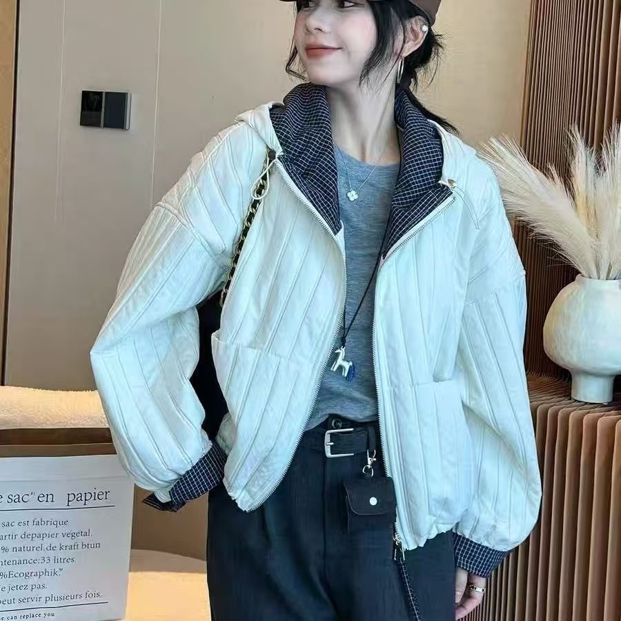 连帽夹棉短外套女格子拼接大码宽松夹克2025秋季新款轻薄棉服棉衣