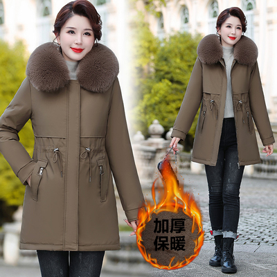 妈妈冬装可脱卸内胆外套2025加绒加厚大毛领棉衣中长款派克棉服女