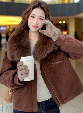 麂皮绒短款羽绒棉服冬季女装2025加厚保暖皮毛一体长袖大毛领外套