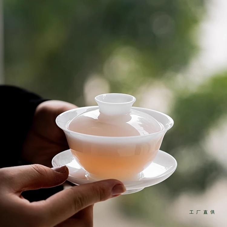 冰种玉瓷盖碗茶杯单个三才泡茶碗德化白瓷羊脂玉茶具薄胎定制