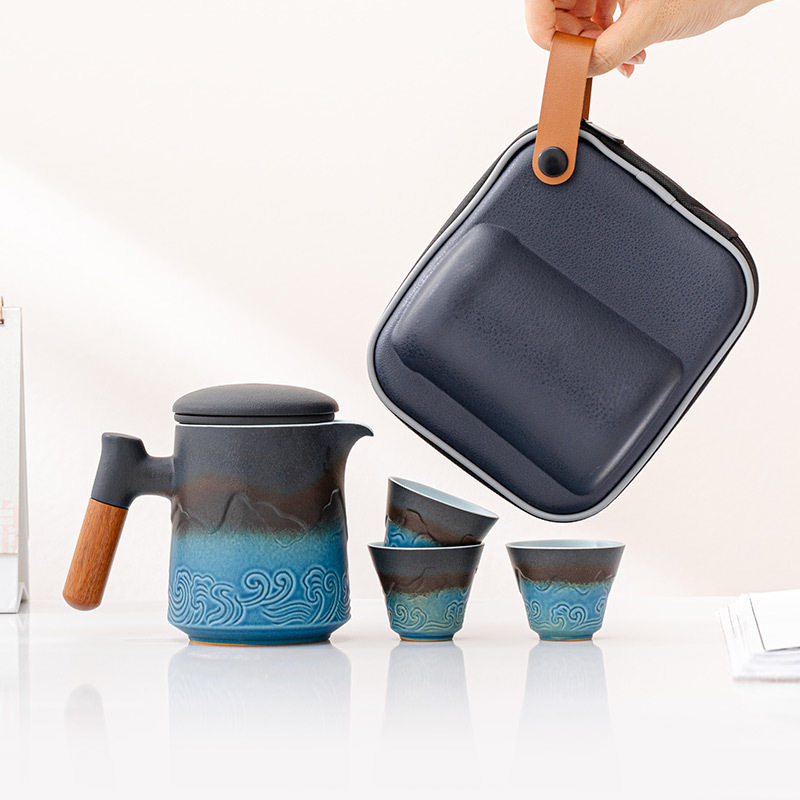 山海旅行茶具套装单人户外泡茶壶高档随身便携式陶瓷快客一壶三杯