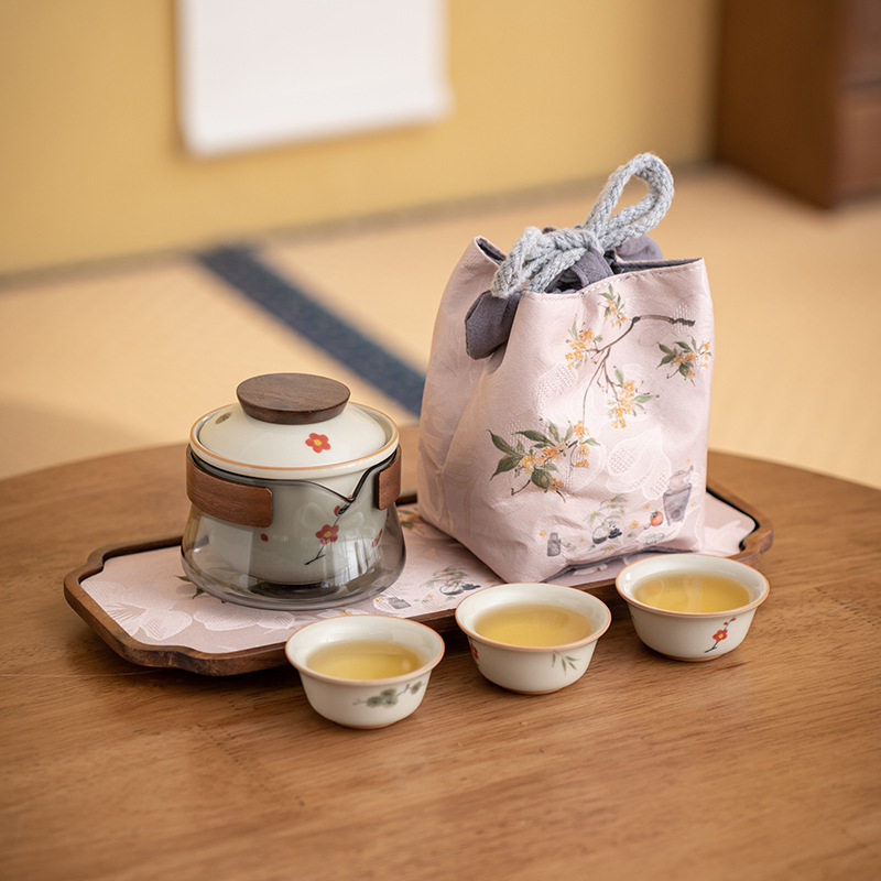 冰台手绘三友一壶三杯旅行快客杯玻璃便携式茶盘泡茶壶收纳包套装
