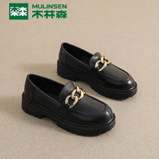 木林森小皮鞋女2025夏季新款真皮英伦风单鞋厚底一脚蹬轻便女士鞋