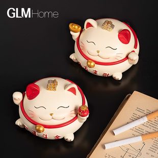 潮流时尚 创意招财猫烟灰缸带盖个性 办公室防飞灰客厅家用少女摆件