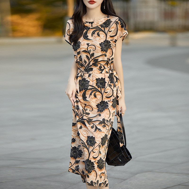 新中式质感提花缎面系带收腰短袖y连衣裙2025春夏季新款女装高级
