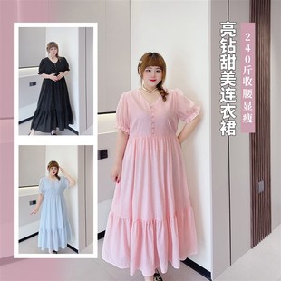 W收腰显瘦连衣 烫钻胖仙女莹莹大码 女装 胖mm夏季 温柔风甜美泡泡袖