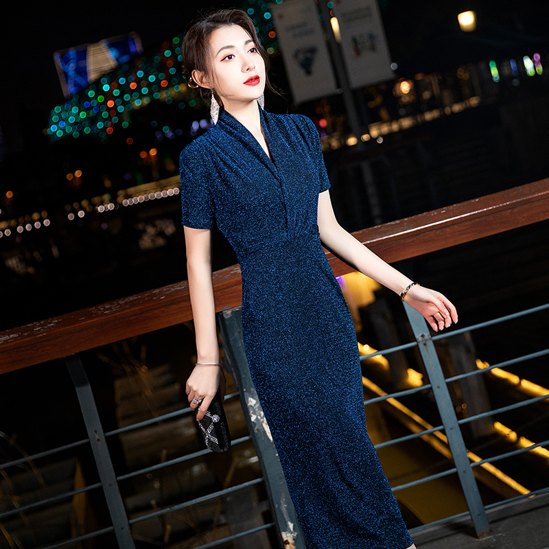 喜婆婆婚宴装妈妈参加婚礼蓝色晚礼服I裙女母亲生日礼物气质遮肚
