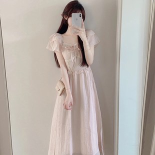温柔甜美蕾d丝花边小飞袖 气质长 连衣裙女夏季 设计感小众收腰修身