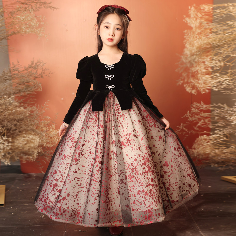 女童礼服轻奢小众高端秋冬加绒女孩钢琴演奏儿童主持人黑色公主裙