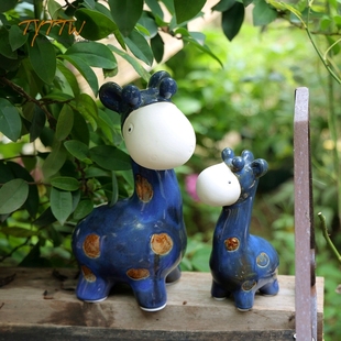 饰 样板间儿童客厅庭院装 幸福母子鹿陶瓷摆饰 花园摆件