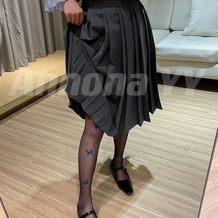 ANNONA YY复古蓝色蝴蝶薄款丝袜连裤打底袜黑色小众时髦洋气A012