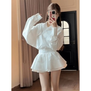 辣妹设计感长袖 polo领衬衫 裙女春季 小众宽松衬衣高腰荷叶边裙套装