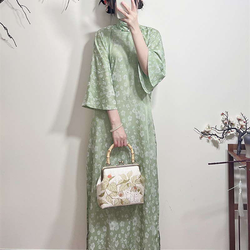 摸鱼儿提花 倒大袖 1930 改良复古宽松旗袍长款平裁显瘦 全款