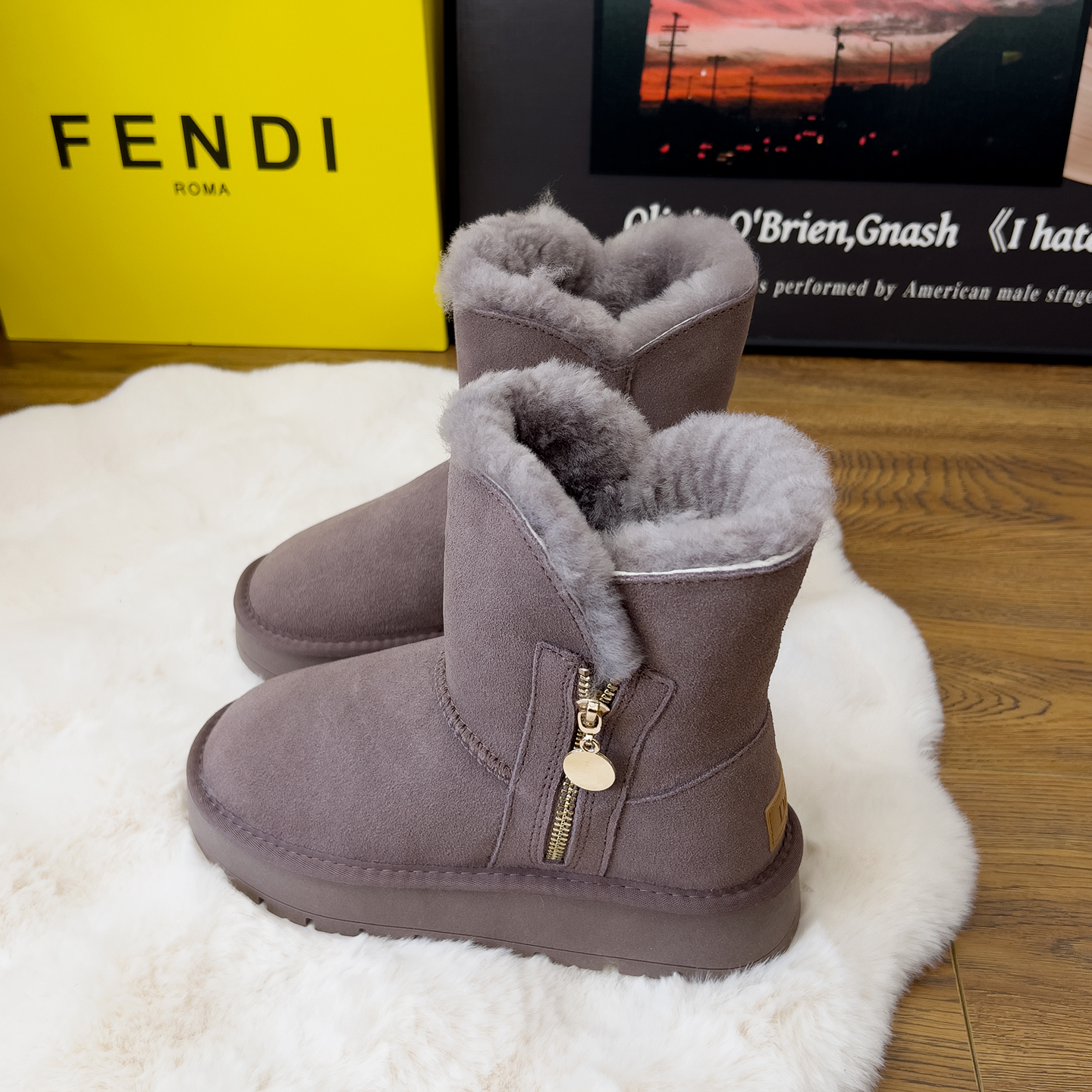 全羊毛中筒侧拉链皮毛一体靴棉鞋