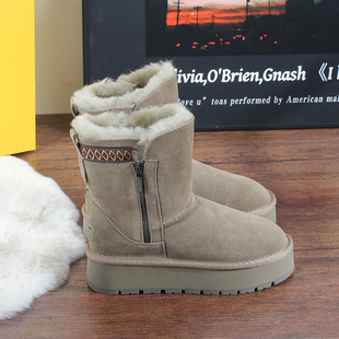 厚底雪地靴女中筒侧拉链磨砂皮羊毛靴女百搭民族风加厚保暖靴棉鞋