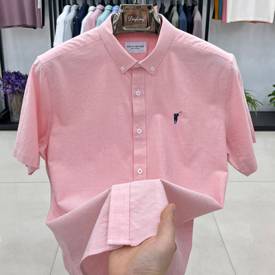 专柜正品保罗100%纯棉短袖衬衫男士休闲长袖衬衣2025夏季粉色衬衣