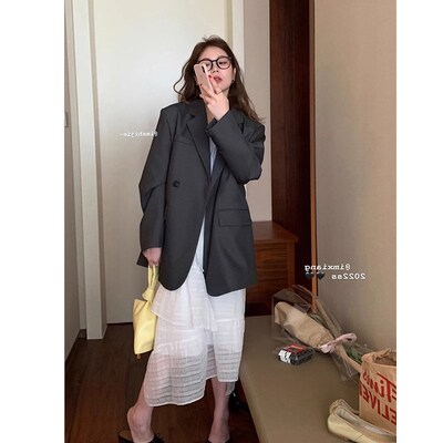 速发设计感oversiz松休闲宽e大垫肩廓形款肩中长廓西服外套春秋