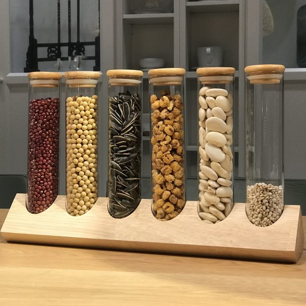 咖啡豆试管展示架 厨房密封罐豆类储存陈列架玻璃瓶创意实木收纳