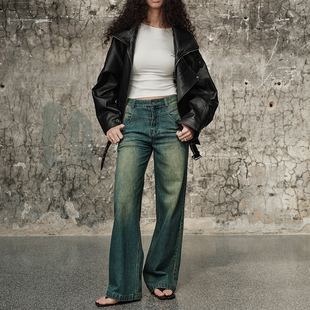 女春季 ANTIFORM背构 巨显腿长立体剪裁重工水洗蓝绿牛仔摩登长裤