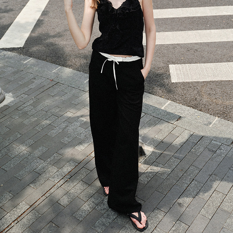 ANTIFORM背构 褶皱花边拼接西裤TR羊毛混纺垂感低腰休闲裤女微喇