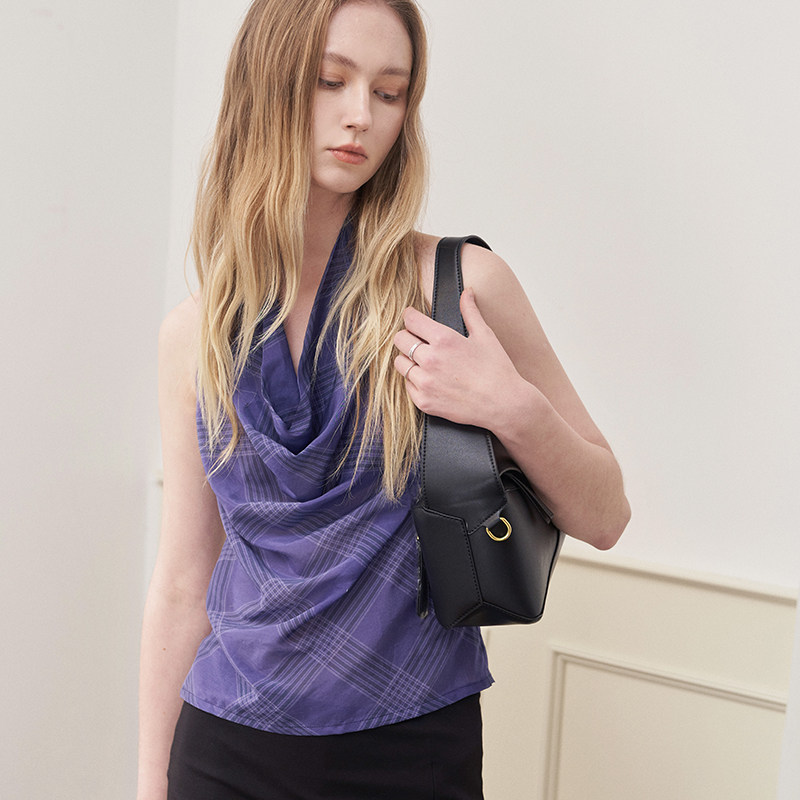ANTIFORM背构 2025新款夏季桑蚕丝混纺亲肤复古格纹印花挂脖背心,女装/女士精品,背心吊带,淘宝优惠券,粉丝福利购,淘宝优惠卷