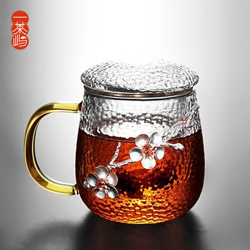 锤纹贴梅花玻璃杯茶水分离过滤泡茶杯透明家用办公室水杯子带盖把