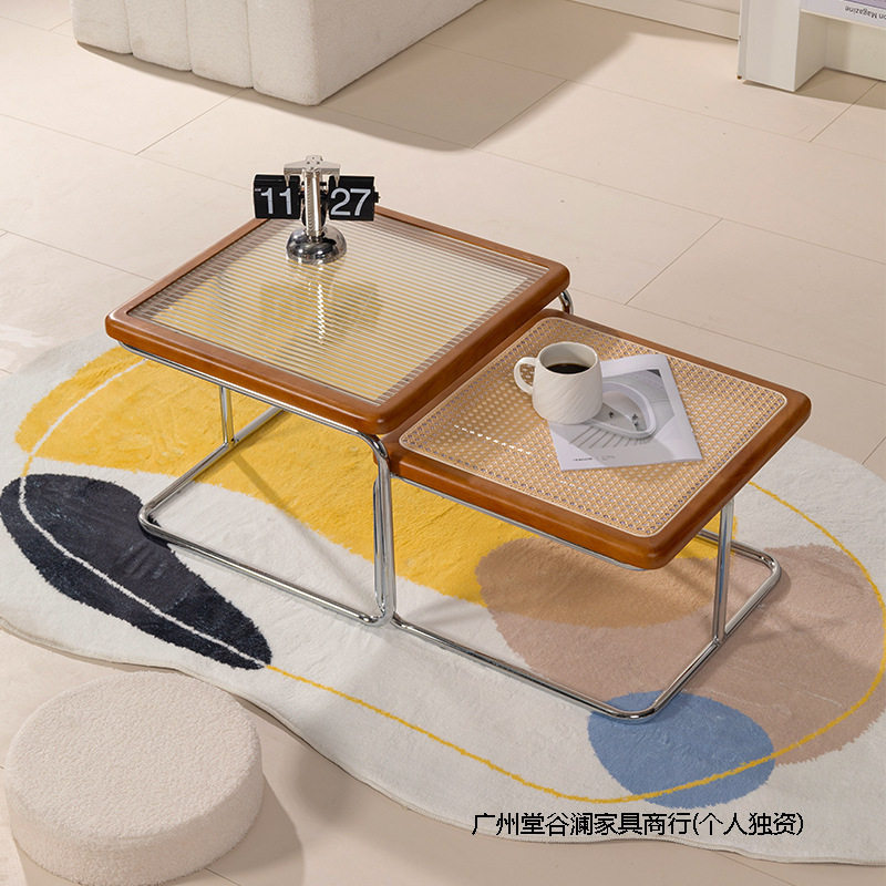 复古原木家用藤编茶几法式简约现代小户型边几客厅方形玻璃黑色桌