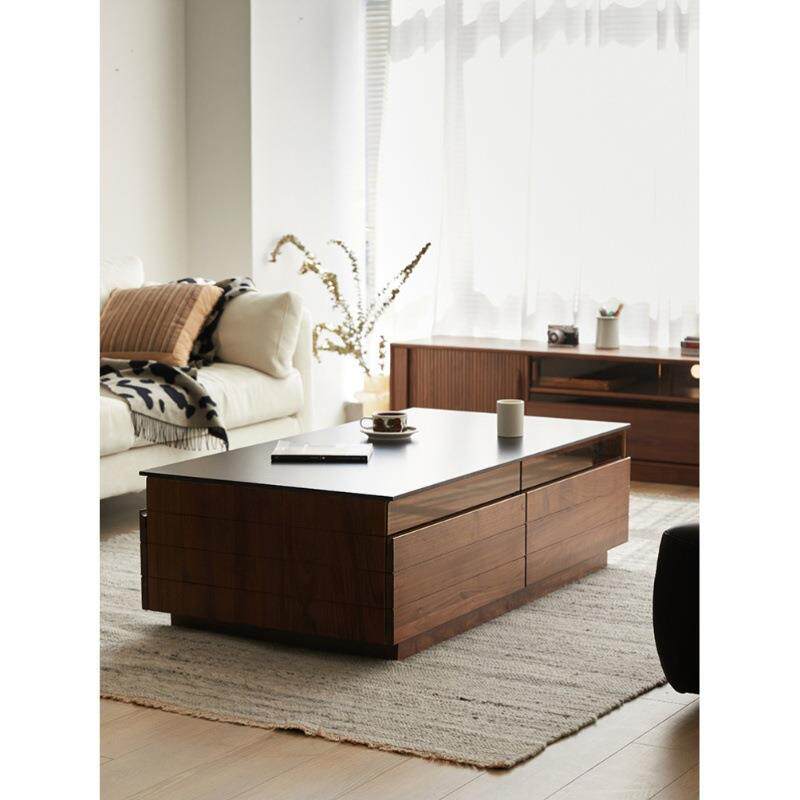 墅物北欧实木茶几客厅黑胡桃原木简约轻奢岩板茶桌家用小户型桌子