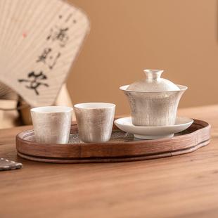 轻奢高档家用功夫泡茶盖碗茶杯整套 厂家999鎏银青节绿竹茶具套装