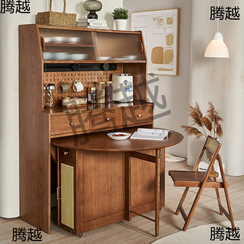 可收纳折叠桌子一体柜北欧实木餐边柜酒柜厨房组合高柜碗柜