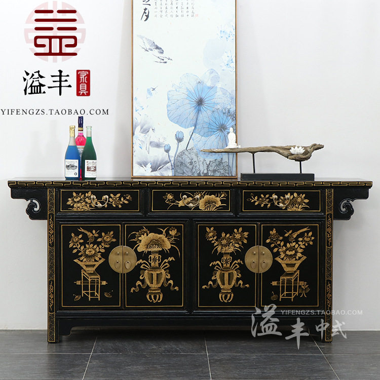 中式仿古漆器家具实木手绘餐边柜入户描金玄关柜装饰客厅储物鞋柜