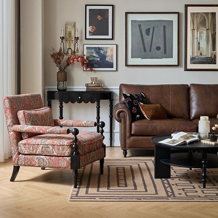 中古美式布艺沙发复古实木单人客厅懒人单椅轻奢高级感休闲沙发椅