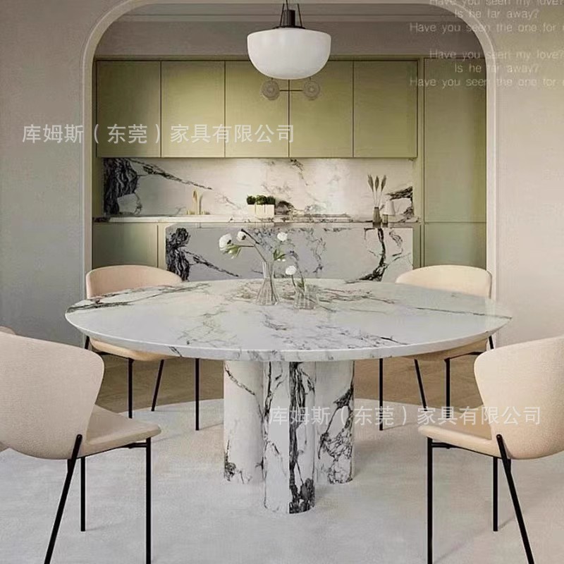网红大理石餐桌天然饭桌高档餐厅圆桌洞石极简饭桌酒店大师设计