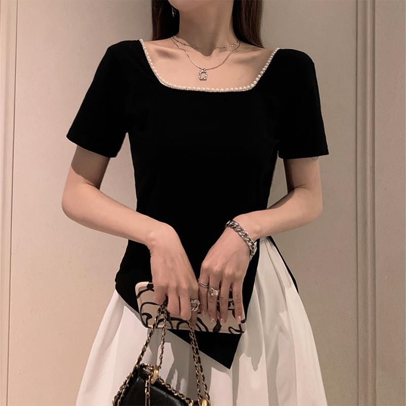 黑色复古短袖方领T恤女夏新款不规则锁骨法式上衣心机设计感小众